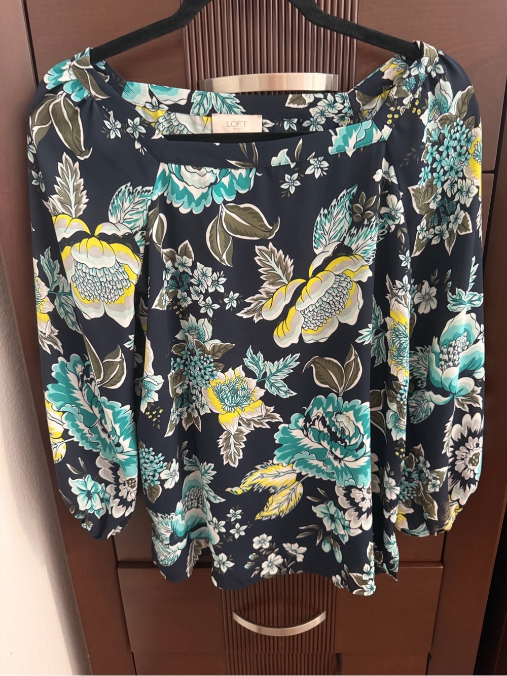 LOFT Floral Boatneck Blouse in Navy with Teal & Yellow Print